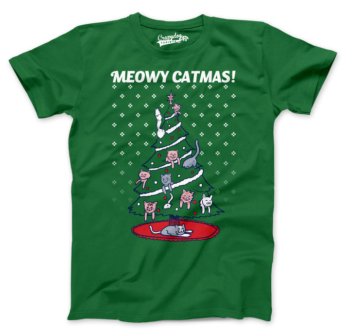 Funny Green Meowy Christmas Cat Tree Ugly Christmas Sweater Mens T Shirt Nerdy Christmas Ugly Sweater Cat Tee