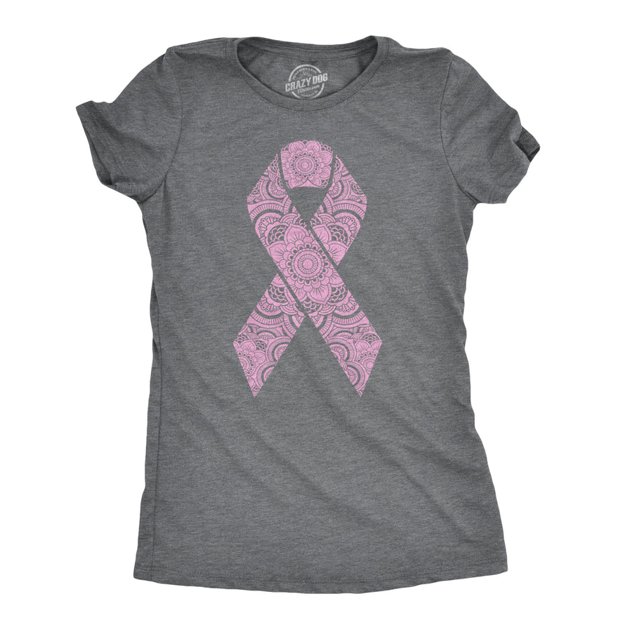 Funny Dark Heather Grey Floral Breast Cancer Ribbon Womens T Shirt Nerdy Motivational Tee