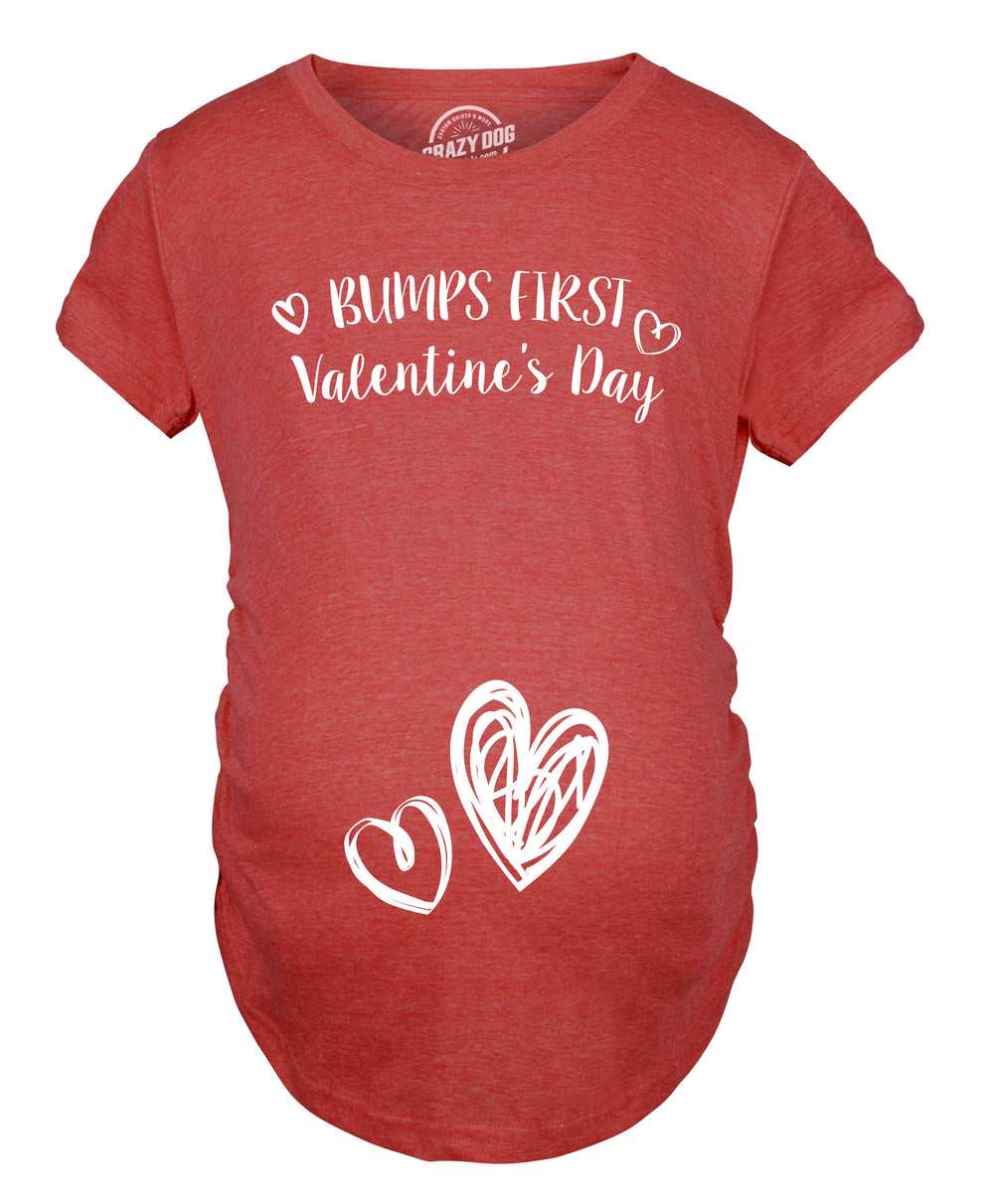 Funny Heather Red Bump's First Valentine's Day Maternity T Shirt Nerdy Valentine's Day Tee