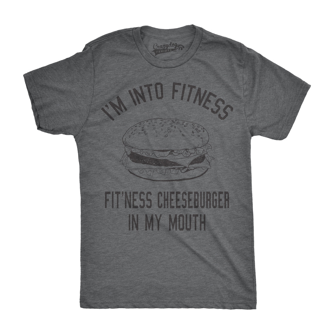 Funny Dark Heather Grey Fitness Cheeseburger In My Mouth Mens T Shirt Nerdy Fitness Food Tee