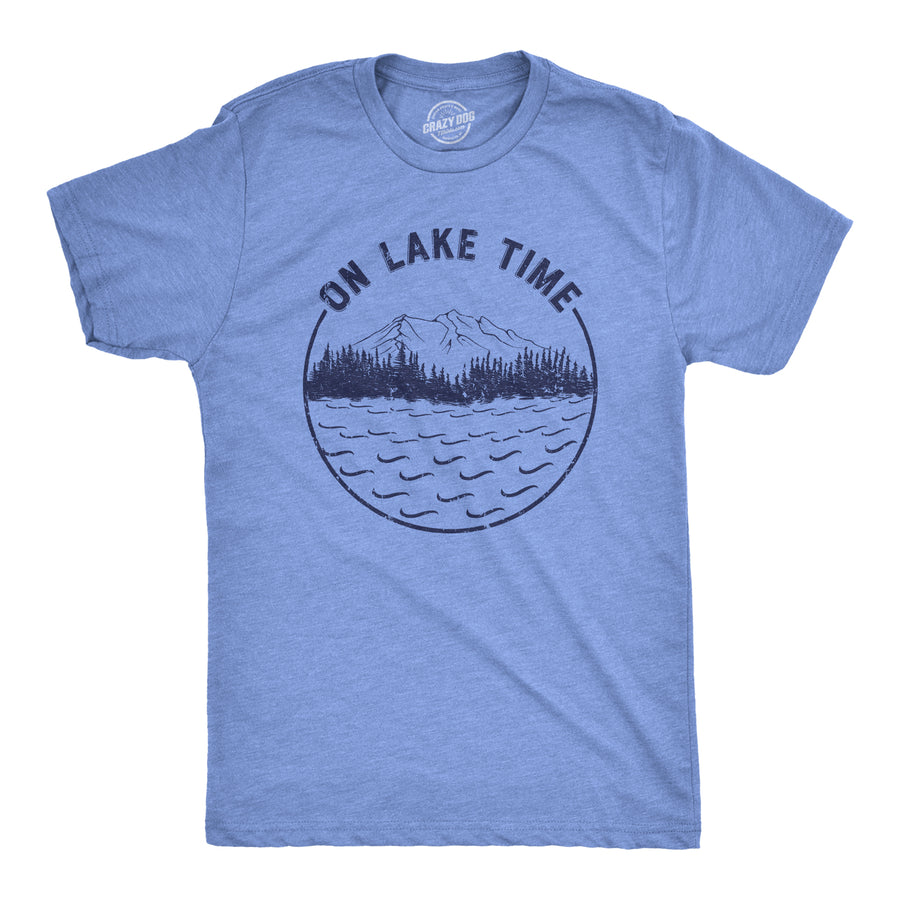 Funny Heather Light Blue On Lake Time Mens T Shirt Nerdy Camping Tee