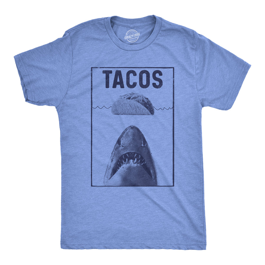 Funny Heather Light Blue Tacos Shark Mens T Shirt Nerdy Shark Week Cinco De Mayo Food Tee
