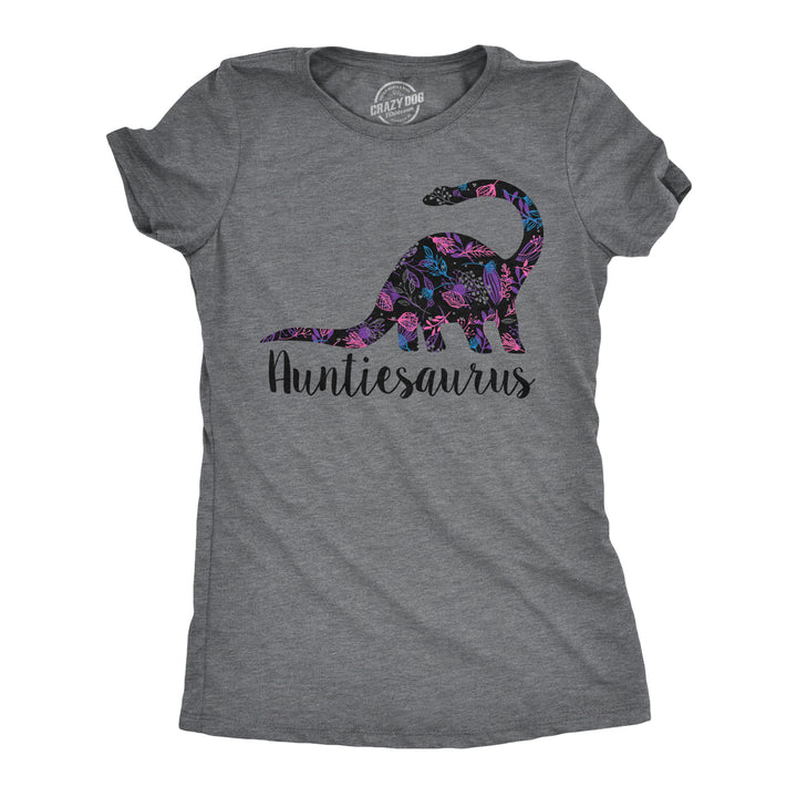 Funny Dark Heather Grey Auntiesaurus Womens T Shirt Nerdy Aunt dinosaur Tee