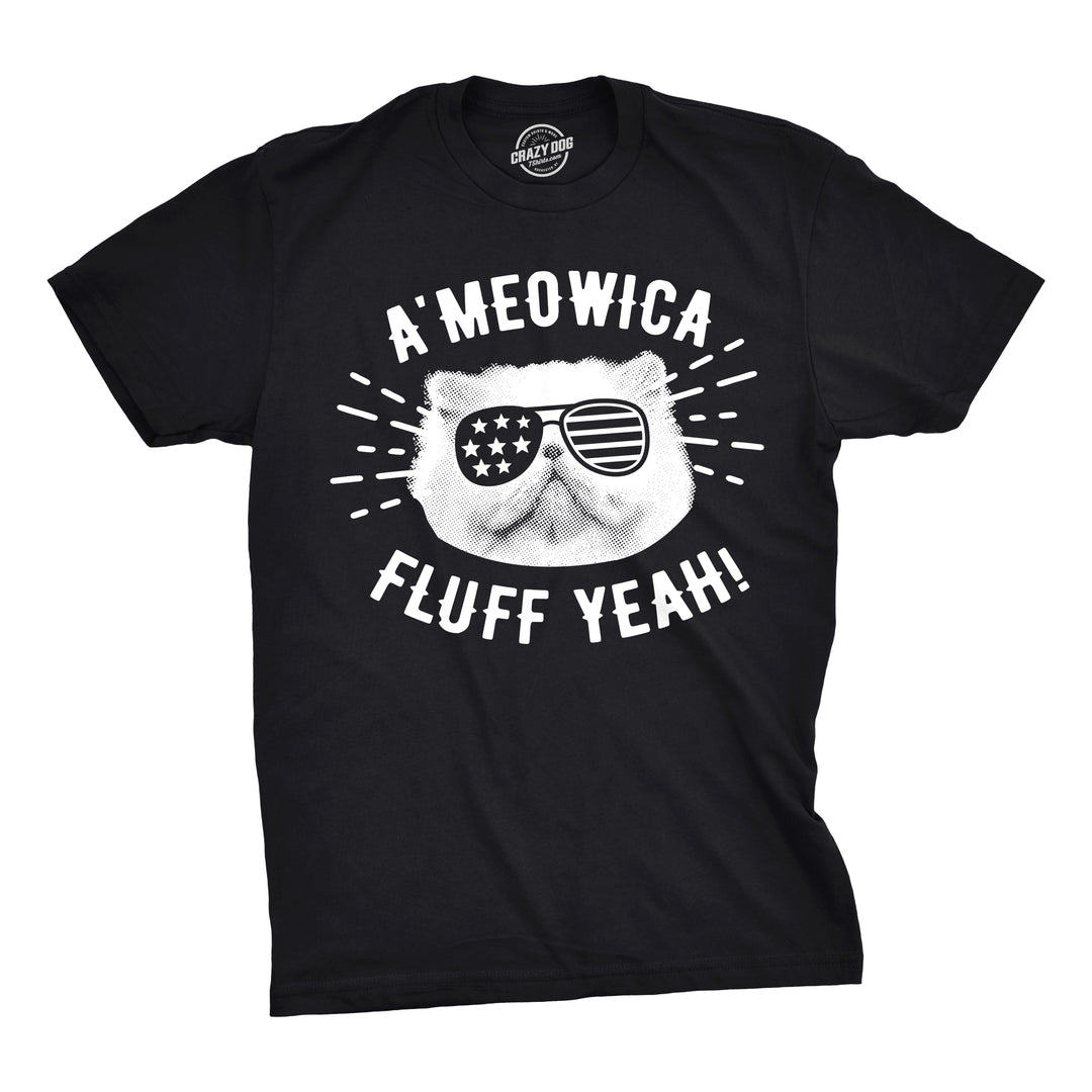 Funny Black Ameowica Fluff Yeah Mens T Shirt Nerdy Fourth of July cat Tee