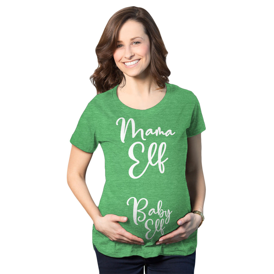 Funny Heather Green Mama Elf Baby Elf Maternity T Shirt Nerdy Christmas Tee