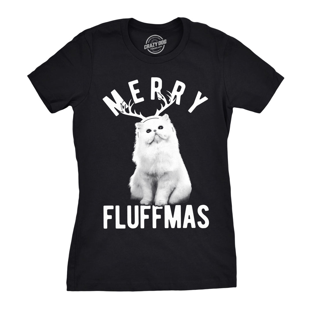 Funny Black Merry Fluffmas Womens T Shirt Nerdy Christmas cat Tee