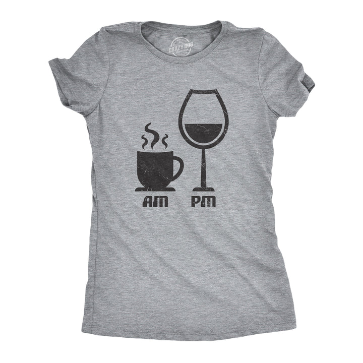 Funny Light Heather Grey AM Coffee PM Wine Womens T Shirt Nerdy Coffee Wine Tee