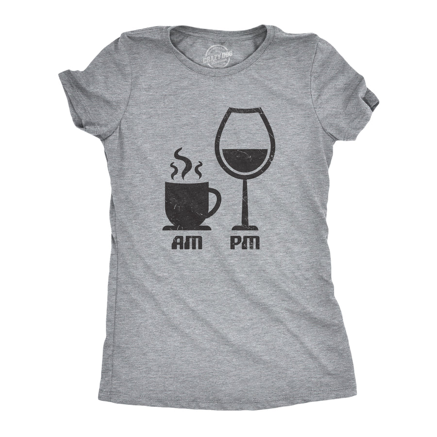 Funny Light Heather Grey AM Coffee PM Wine Womens T Shirt Nerdy Coffee Wine Tee