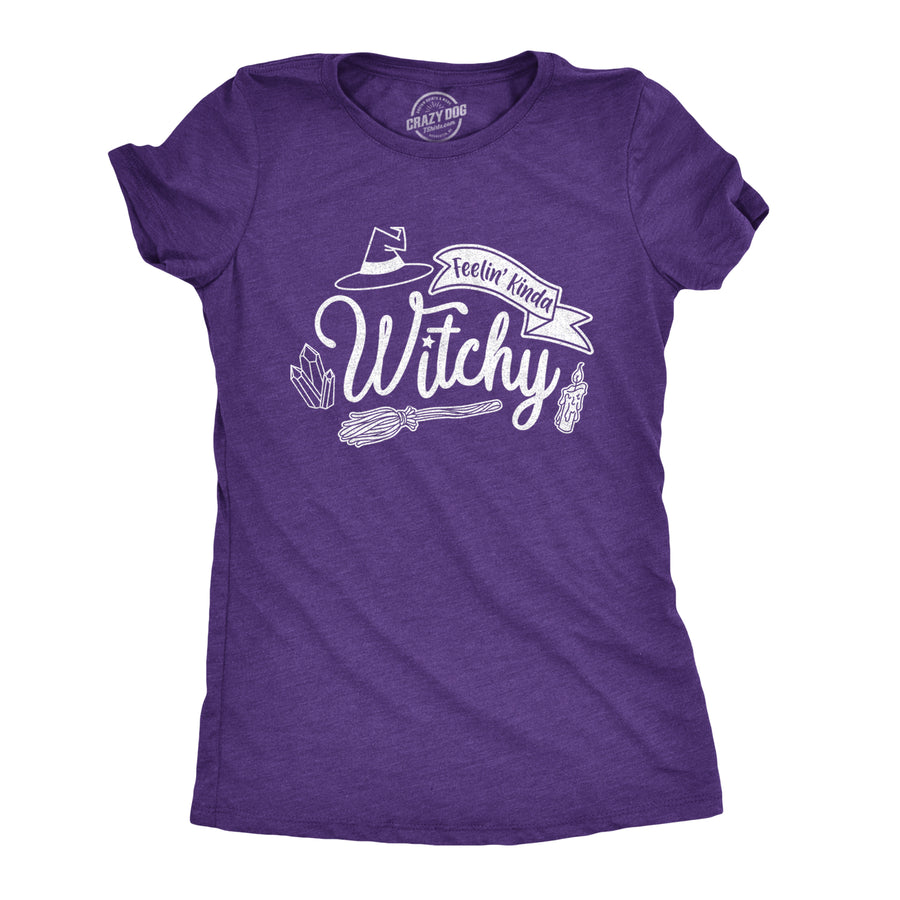 Funny Heather Purple Feelin Kinda Witchy Womens T Shirt Nerdy Halloween Tee