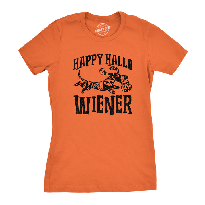 Funny Orange Happy Hallo Wiener Womens T Shirt Nerdy Halloween Dog Tee