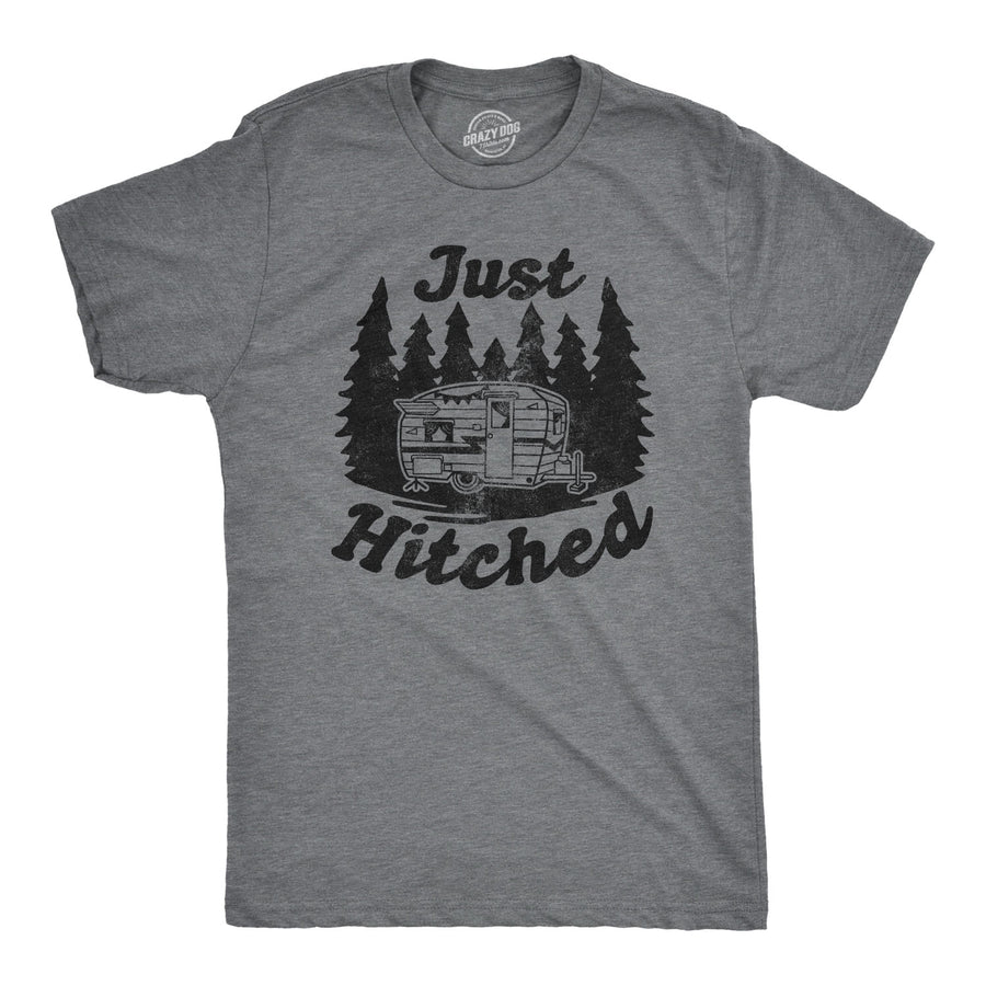 Funny Dark Heather Grey Just Hitched Mens T Shirt Nerdy Wedding Camping Tee