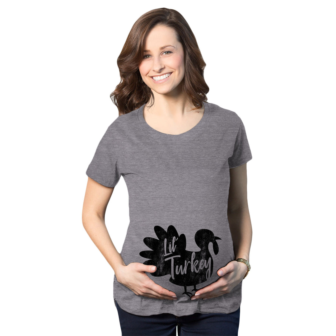 Funny Dark Heather Grey Lil Turkey Maternity T Shirt Nerdy Thanksgiving Food Tee