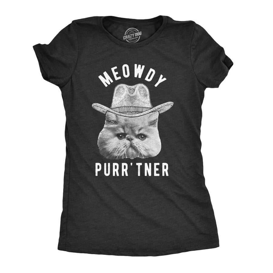 Funny Heather Black Meowdy Purr'tner Womens T Shirt Nerdy Cat Tee