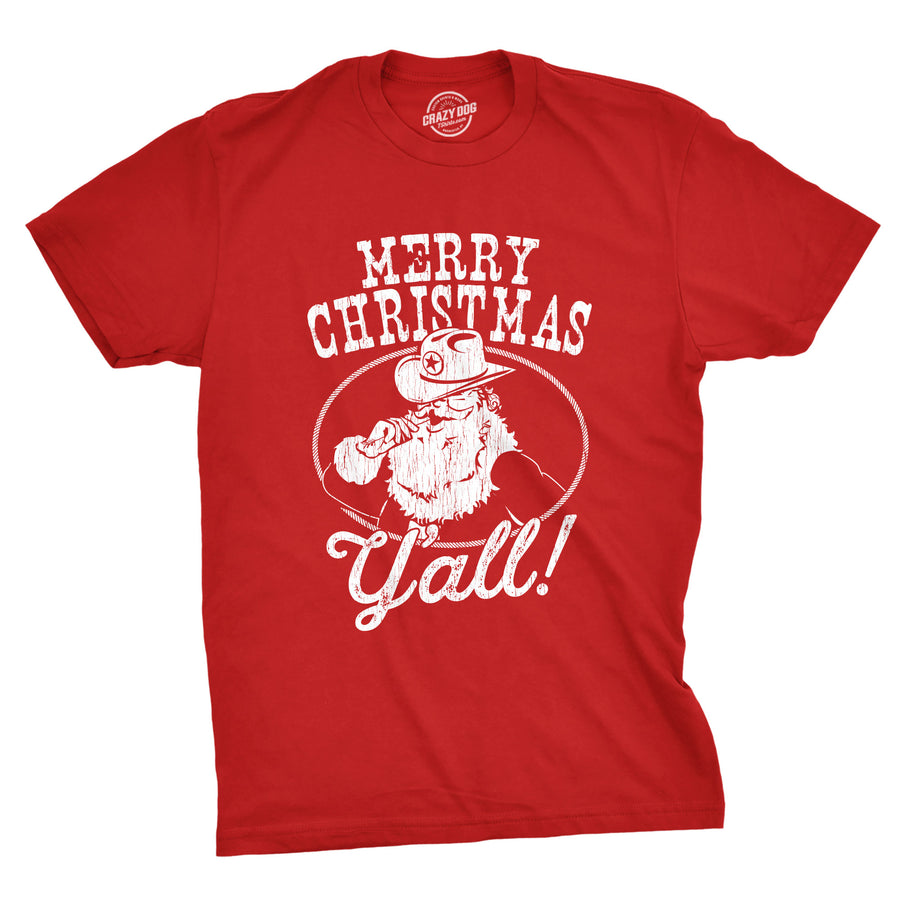 Funny Red Merry Christmas Y'all Santa Mens T Shirt Nerdy Christmas Tee