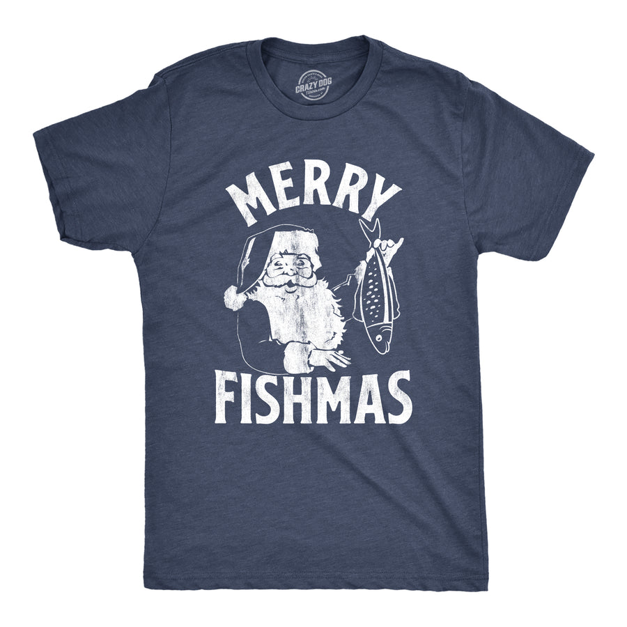 Funny Heather Navy Merry Fishmas Mens T Shirt Nerdy Christmas Fishing Tee