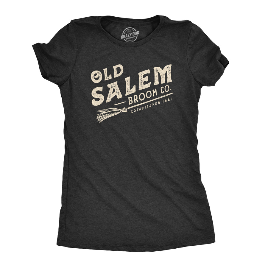 Funny Heather Black Old Salem Broom Co. Womens T Shirt Nerdy Halloween Tee