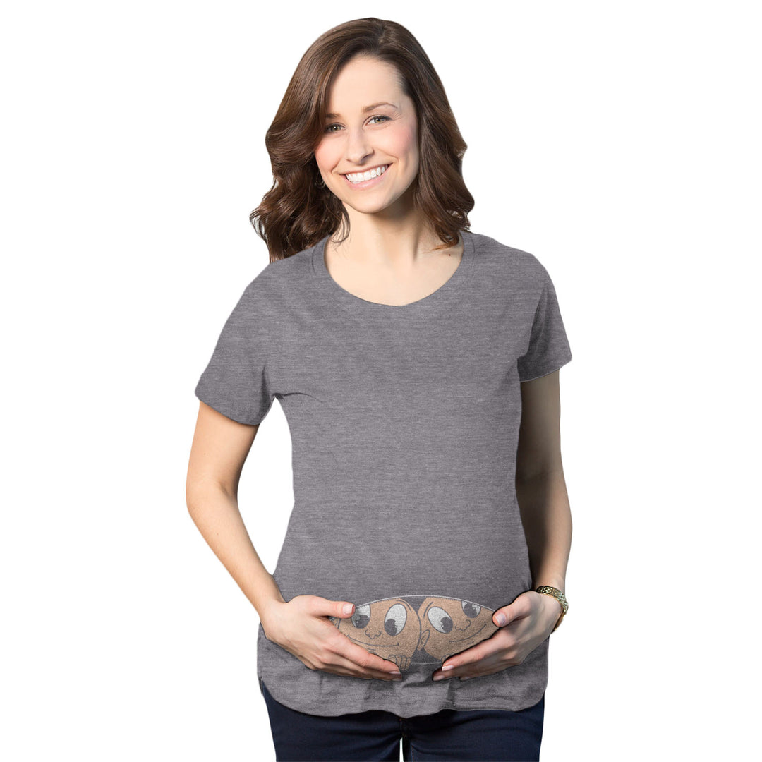 Funny Dark Heather Grey Peeking Twins Maternity T Shirt Nerdy Peeking Tee