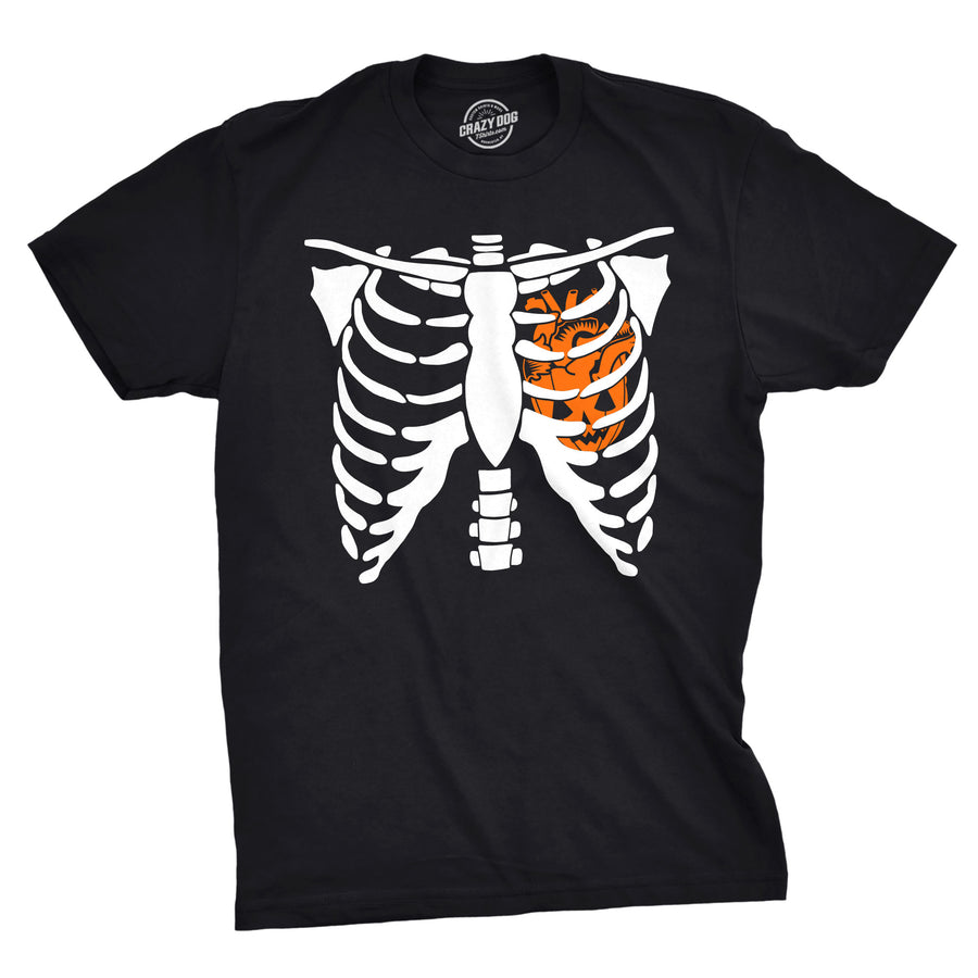 Funny Black Pumpkin Heart Rib Cage Mens T Shirt Nerdy Halloween Tee