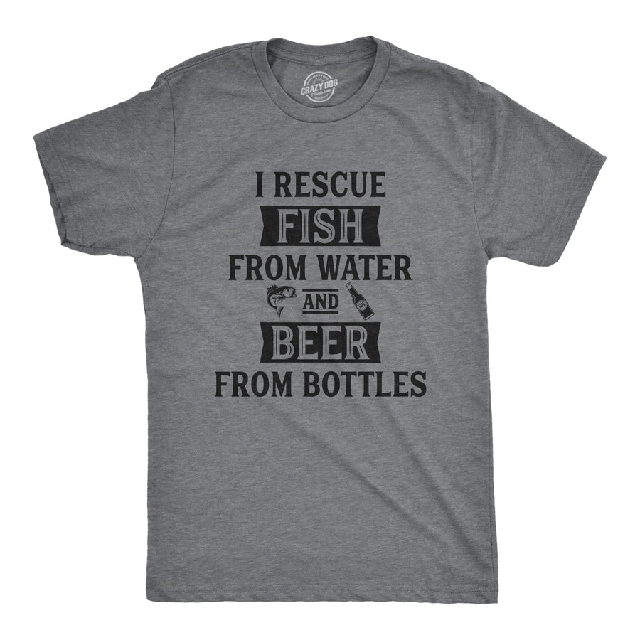 Funny Dark Heather Grey I Rescue Fish And Beer Mens T Shirt Nerdy Fishing Beer Tee
