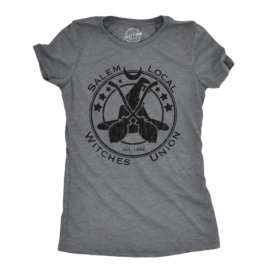 Funny Dark Heather Grey Salem Local Witches Union Womens T Shirt Nerdy Halloween Office Tee