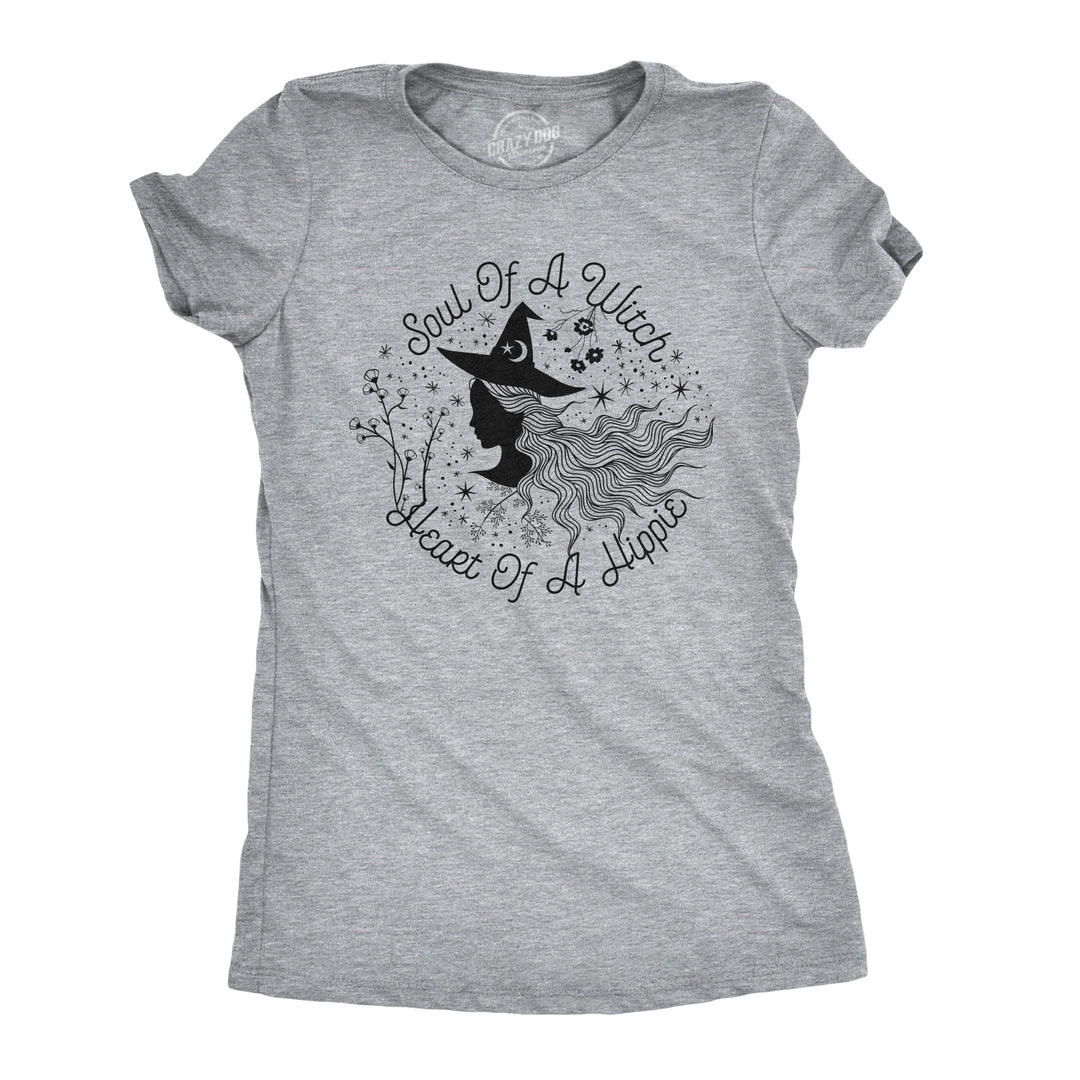 Funny Light Heather Grey Soul Of A Witch Heart Of A Hippie Womens T Shirt Nerdy Halloween Tee