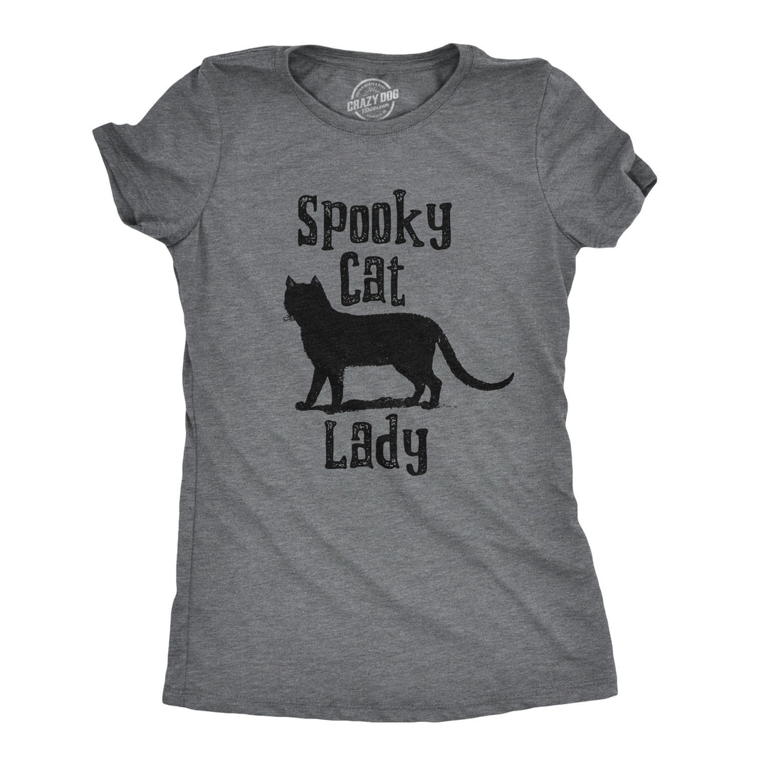 Funny Dark Heather Grey Spooky Cat Lady Womens T Shirt Nerdy Halloween Cat Tee