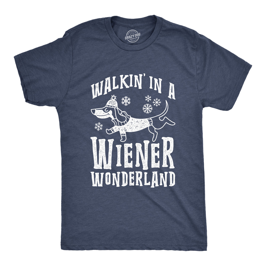 Funny Heather Navy Walkin In A Wiener Wonderland Mens T Shirt Nerdy Christmas Dog Tee