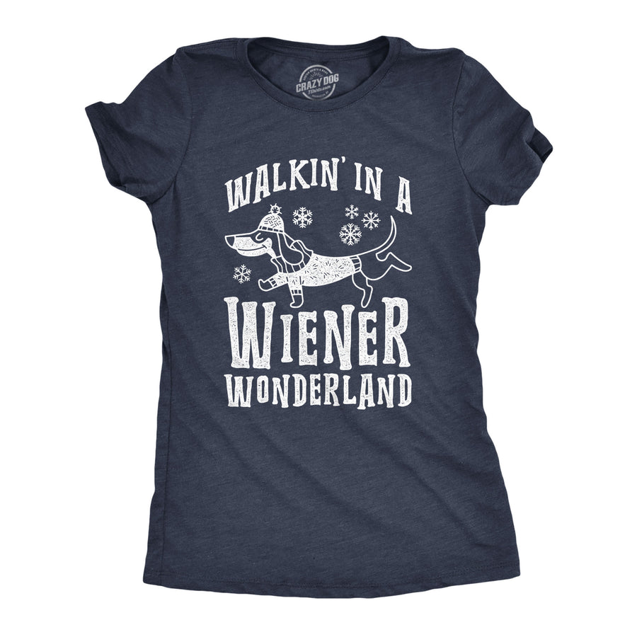 Funny Heather Navy Walkin In A Wiener Wonderland Womens T Shirt Nerdy Christmas Dog Tee