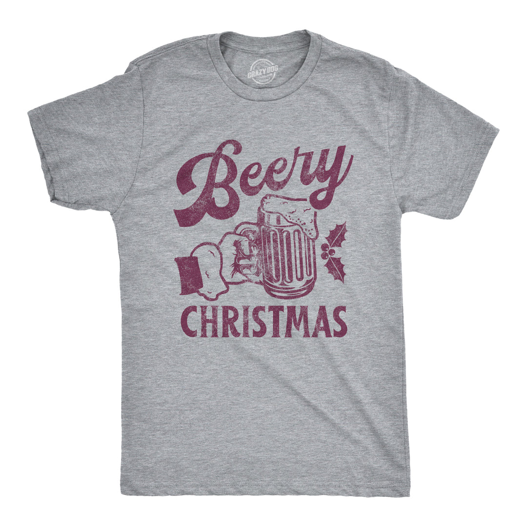 Funny Light Heather Grey Beery Christmas Mens T Shirt Nerdy Christmas Beer Tee