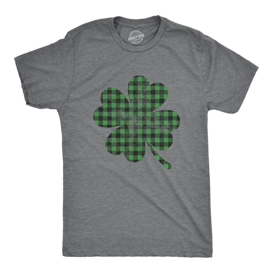 Funny Dark Heather Grey Buffalo Plaid Shamrock Mens T Shirt Nerdy Saint Patrick's Day Beer Drinking Tee