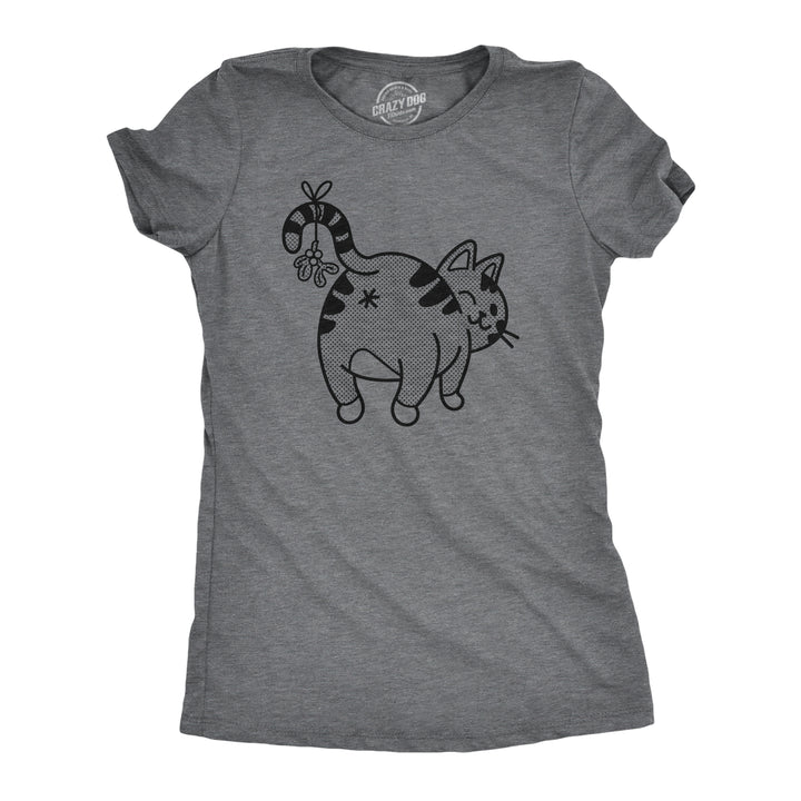 Funny Dark Heather Grey Mistletoe Cat Butt Womens T Shirt Nerdy Christmas Cat Tee