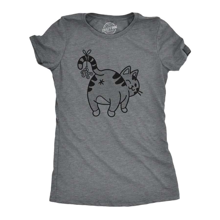 Funny Dark Heather Grey Mistletoe Cat Butt Womens T Shirt Nerdy Christmas Cat Tee