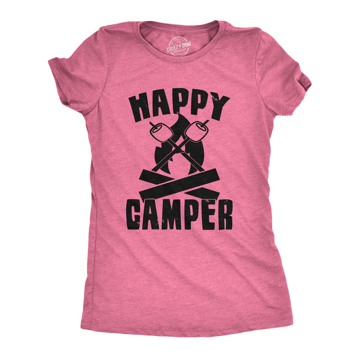 Funny Heather Pink Happy Camper Womens Tee Womens T Shirt Nerdy Camping Tee