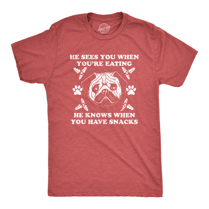 Funny Heather Red He Sees You When You're Eating Mens T Shirt Nerdy Christmas Dog Tee