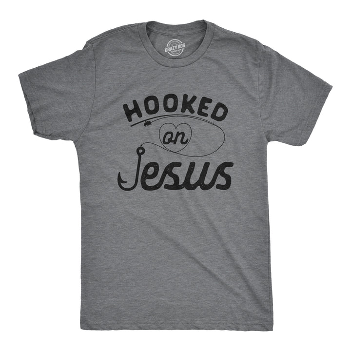 Funny Dark Heather Grey Hooked On Jesus Mens T Shirt Nerdy Fishing Religion Tee