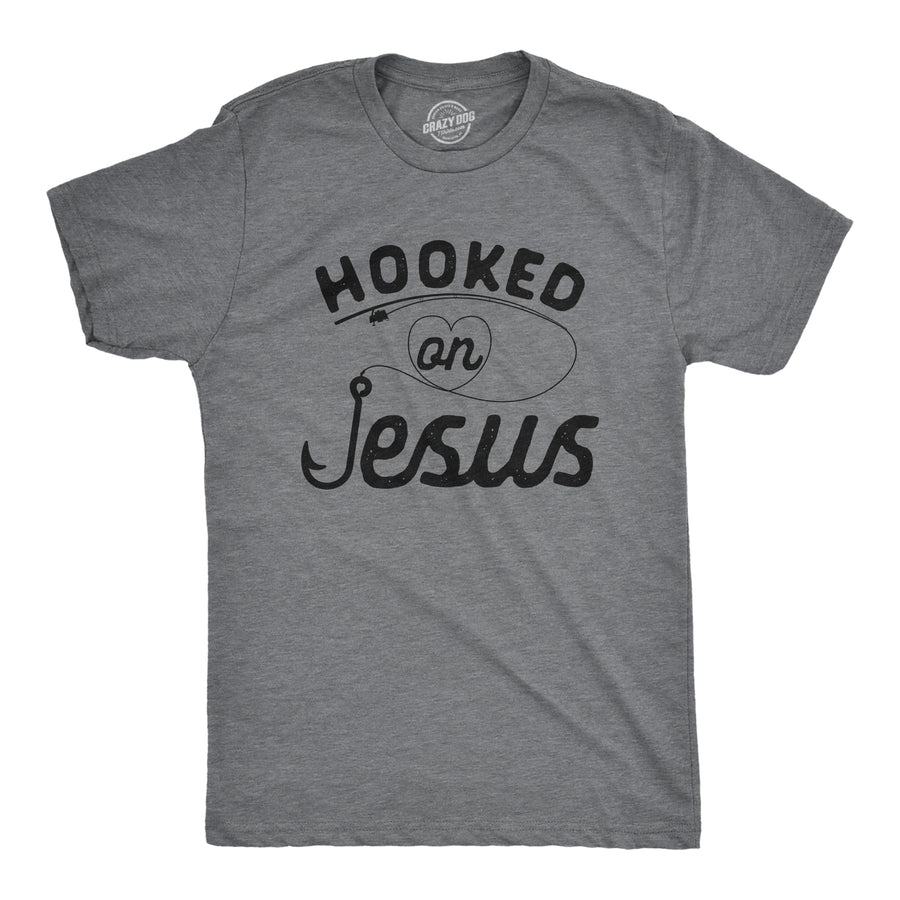 Funny Dark Heather Grey Hooked On Jesus Mens T Shirt Nerdy Fishing Religion Tee