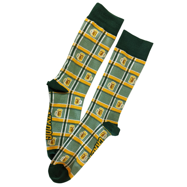 Plaid Beer Socks Funny Mug of Frothy Ale Pattern Drinking Novelty Footwear (Mens)