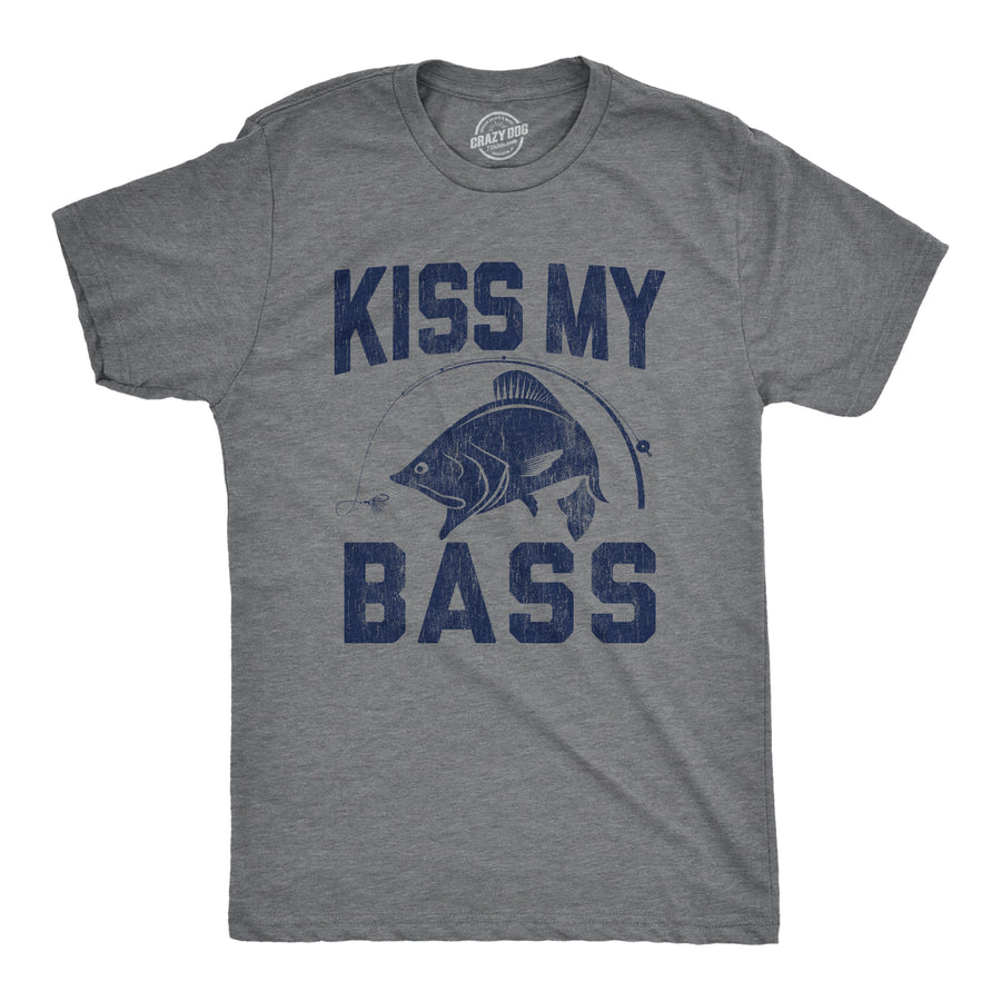 Funny Dark Heather Grey Kiss My Bass Mens T Shirt Nerdy Fishing toilet Tee