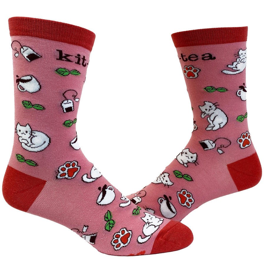 Funny Pink Womens Kit Tea Sock Nerdy Cat Tee