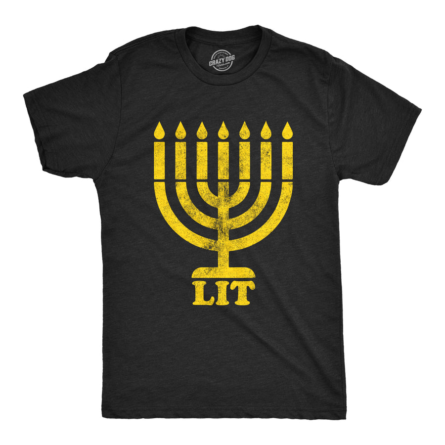 Funny Heather Black Lit Menorah Mens T Shirt Nerdy Hanukkah Internet Tee