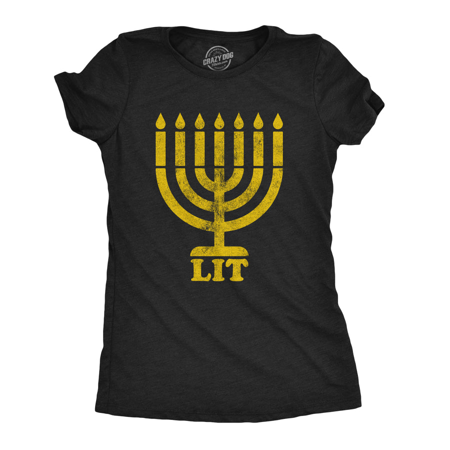 Funny Heather Black Lit Menorah Womens T Shirt Nerdy Hanukkah Internet Tee