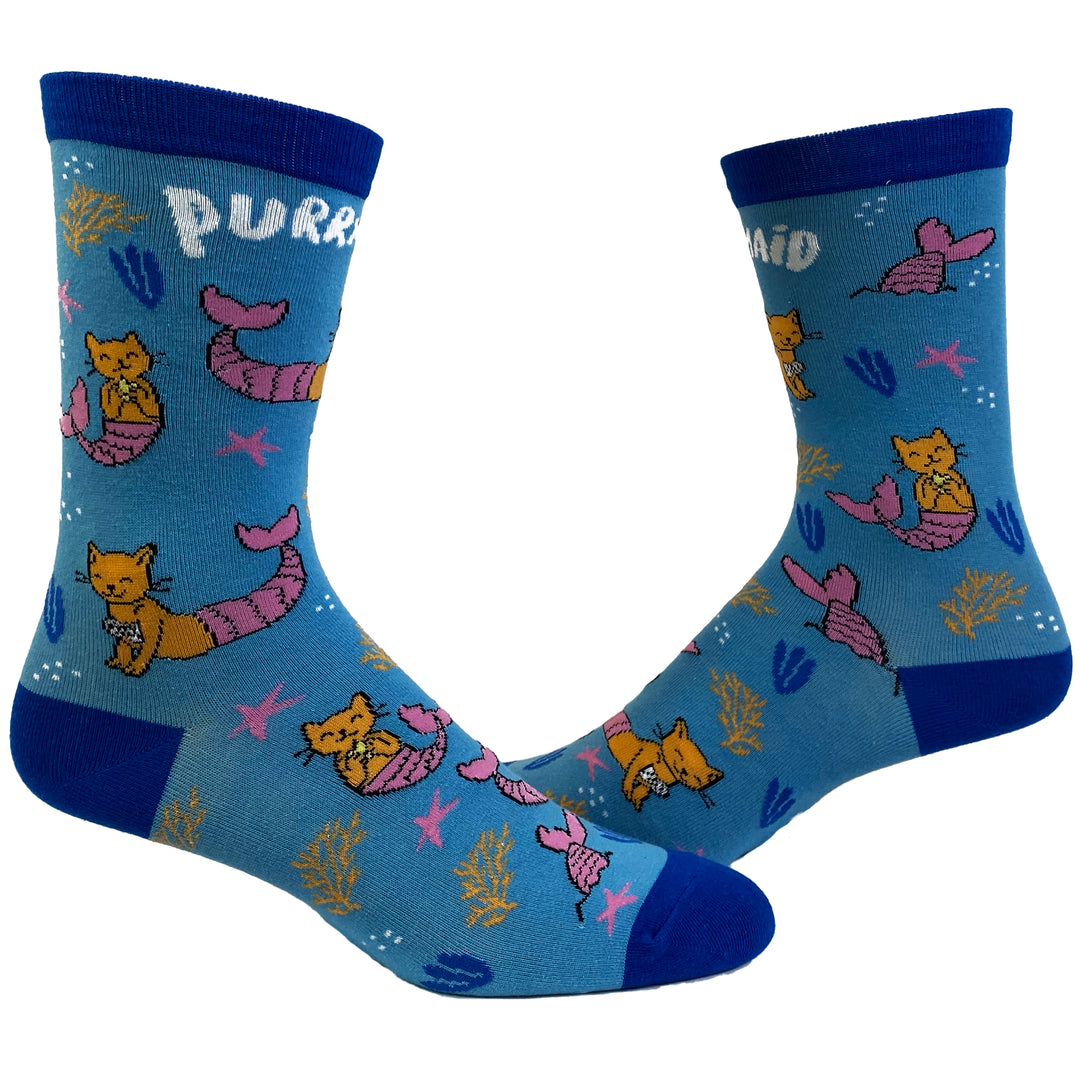 Funny Blue Womens Purr-Maid Sock Nerdy Cat Tee