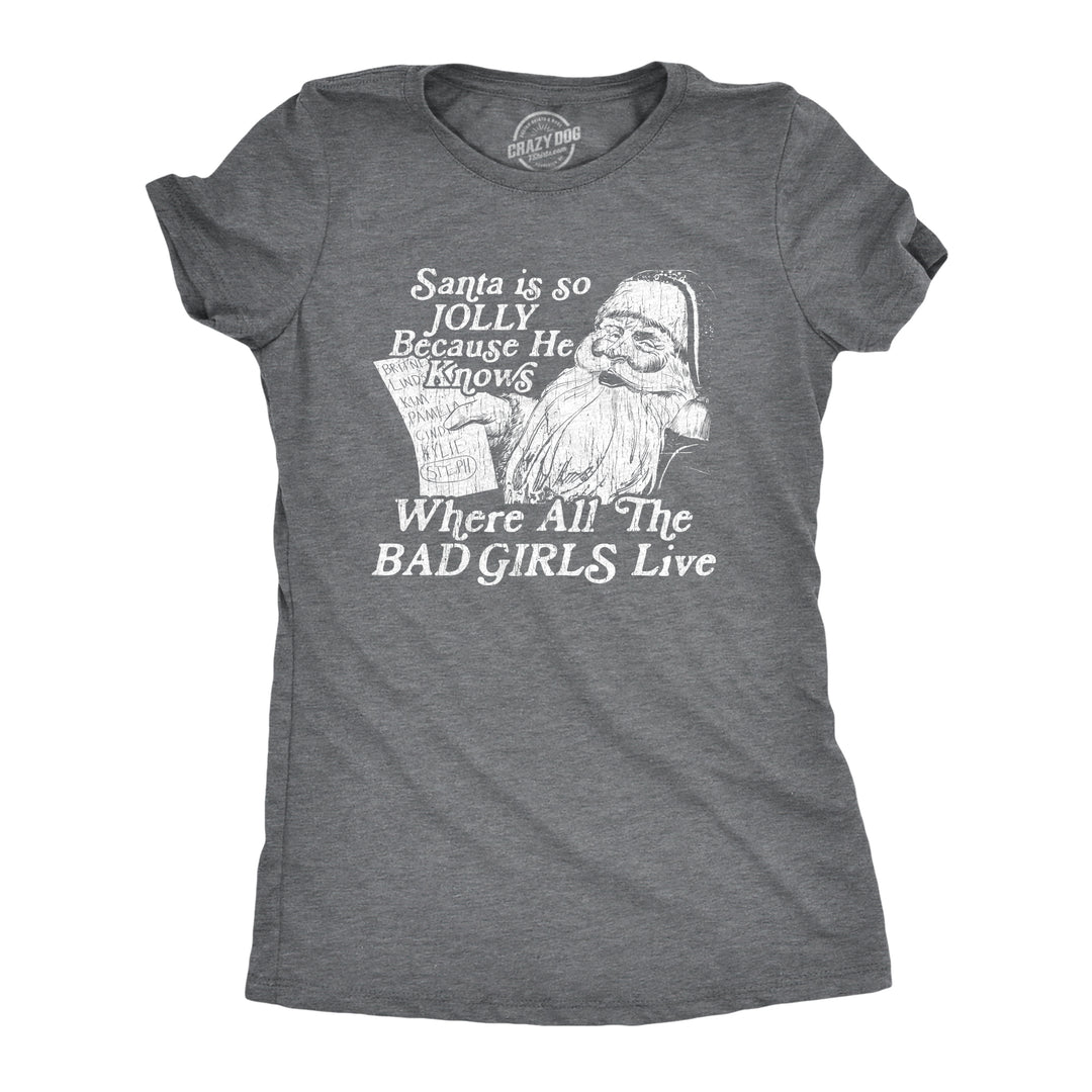 Funny Dark Heather Grey Santa Is Jolly Because He Knows Where The Bad Girls Live Womens T Shirt Nerdy Christmas Sex Tee