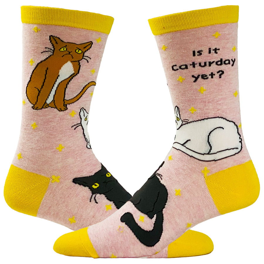 Funny Yellow Women's Is It Caturday Yet Sock Nerdy Cat Tee