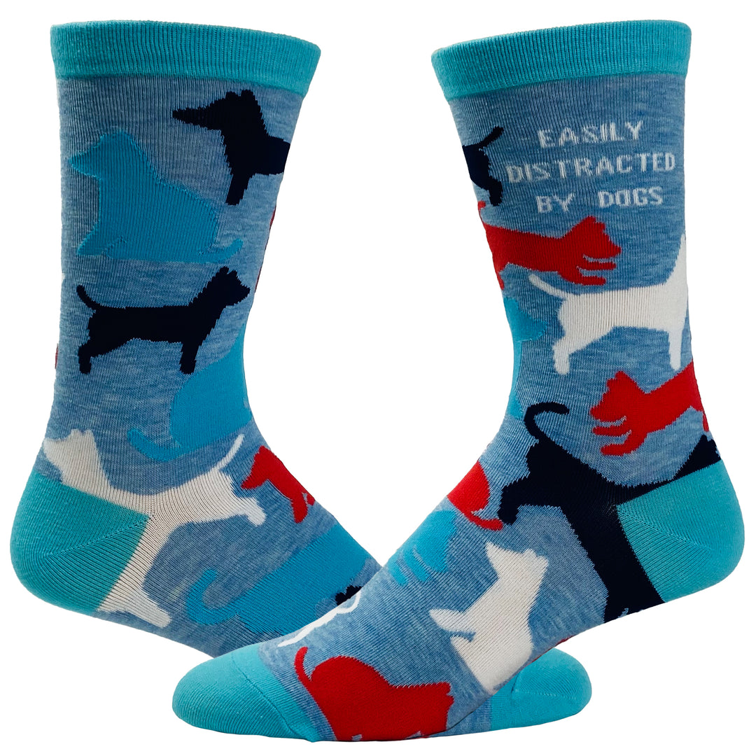 Funny Blue Women's Easily Distracted By Dogs Sock Nerdy Dog Tee