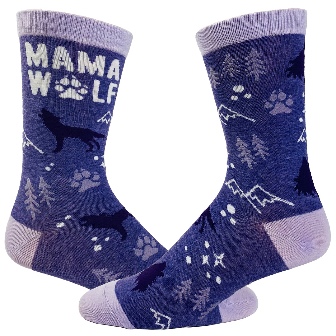 Funny Purple Women's Mama Wolf Sock Nerdy Mother's Day Animal Tee