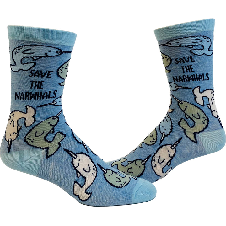 Funny Blue Women's Save The Narwhals Sock Nerdy Unicorn Tee