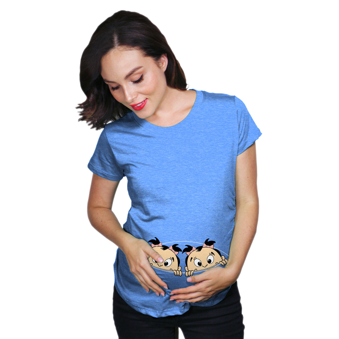 Funny Heather Light Blue Peeking Twin Girls Maternity T Shirt Nerdy Peeking Tee