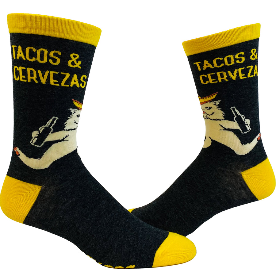 Funny Black Men's Tacos And Cervezas Sock Nerdy Cinco De Mayo Cat Beer Tee