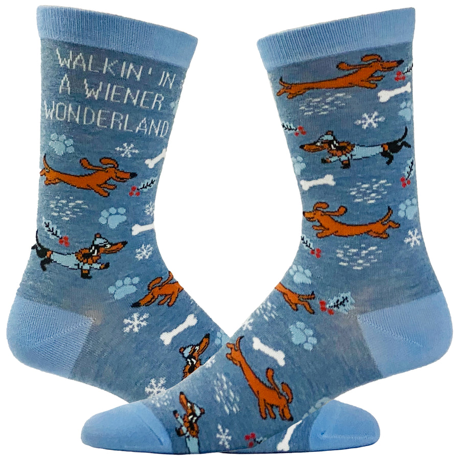 Funny Blue Women's Walkin In A Wiener Wonderland Sock Nerdy Christmas Dog Tee